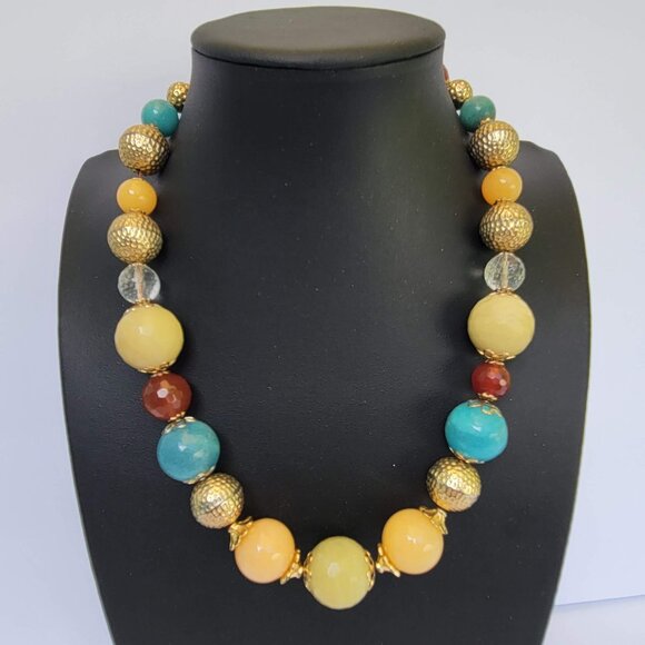 Ladies Chunky Bold Colorful Polished Round Glass Bead Statement Necklace 18" - Picture 1 of 6